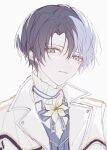  1boy aoyagi_touya blue_hair blue_jacket blue_ribbon coat commentary curtained_hair dark_blue_hair flower formal grey_eyes hair_between_eyes hair_over_one_eye highres jacket lapels light_blue_hair long_bangs looking_at_viewer makino_chisato male_focus mole mole_under_eye multicolored_hair neck_ribbon notched_lapels open_clothes open_coat pale_skin parted_hair parted_lips project_sekai ribbon shirt simple_background solo split-color_hair suit suit_jacket two-tone_hair two-tone_ribbon upper_body white_background white_coat white_flower white_shirt yellow_ribbon 