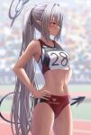  1girl alternate_costume armpits bare_arms bare_shoulders black_ribbon black_tail blue_archive blurry blurry_background blush breasts buruma closed_mouth cowboy_shot crop_top demon_girl demon_tail grey_hair hair_between_eyes hair_intakes hair_ribbon halo hands_on_own_hips highres iori_(blue_archive) long_hair looking_to_the_side midriff navel number_print outdoors pointy_ears ponytail profile race_bib red_buruma red_eyes ribbon shirt sidelocks silver_bullet_(ecc12_8) sleeveless sleeveless_shirt small_breasts solo sports_bikini sportswear stomach straight_hair tail text_print thighs track_and_field very_long_hair 