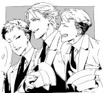  3boys amari_(joker_game) character_request check_character closed_eyes collared_shirt commentary_request greyscale grin hat hatching_(texture) holding holding_clothes holding_hat jacket joker_game kaminaga_(joker_game) lapels laughing linear_hatching looking_at_another male_focus monochrome multiple_boys necktie one_eye_closed open_clothes open_jacket open_mouth parted_lips profile shi646 shirt short_hair sketch smile tazaki_(joker_game) unworn_hat unworn_headwear upper_body vest 