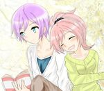  1boy 1girl aqua_eyes blush book breasts brother_and_sister eyes_closed joukamachi_no_dandelion long_hair open_mouth pink_hair ponytail purple_hair sakurada_haruka sakurada_misaki short_hair siblings sleeping 