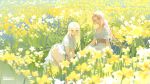  2girls blonde_hair blue_eyes blurry blush dated dress field flower flower_field fom_(lifotai) green_eyes highres lips long_hair looking_at_viewer multiple_girls original outdoors pink_hair scenery 