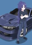  1girl black_shirt blue_archive blue_eyes blue_footwear blue_hair blue_jumpsuit blush boots car crossed_arms full_body highres jumpsuit jumpsuit_around_waist long_hair looking_at_viewer motor_vehicle nissan nissan_s15_silvia nissan_silvia parted_bangs ponytail shadow shirt solo sports_car standing takumi_japans14 very_long_hair yuuka_(blue_archive) 