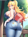  1girl absurdres ai-generated ass blonde_hair blue_eyes breasts gloves highres kedamajigoku55 looking_at_viewer mario_(series) naked_overalls outdoors overalls princess_peach sweat white_gloves 