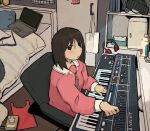  azumanga_daioh bed bedroom brown_eyes brown_hair computer desk expressionless headphones indoors jupiter_(synthesizer) kasuga_ayumu laptop looking_at_viewer looking_to_the_side pink_serafuku pink_shirt roland_(company) rorossman school_uniform serafuku shirt 