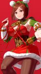  1girl bell belt bracelet breasts brown_hair christmas cleavage dress fur-trimmed_dress fur_trim hair_ornament hairband highres holding holding_whip jewelry large_breasts looking_at_viewer merry_christmas neck_bell official_alternate_costume red_dress santa_dress short_hair smile snk solo the_king_of_fighters the_king_of_fighters_all-stars thighhighs whip whip_(kof) yagi2013 