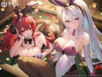  2girls absurdres animal_ears arm_support azur_lane bare_shoulders black_leotard breasts copyright_name curled_horns detached_collar detached_sleeves fake_animal_ears fishnet_pantyhose fishnets hair_between_eyes hair_ornament highres hindenburg_(azur_lane) hindenburg_(delirious_duel)_(azur_lane) horns kearsarge_(all_night_charge)_(azur_lane) kearsarge_(azur_lane) large_breasts leg_up leotard long_hair long_sleeves looking_at_viewer multiple_girls noir_eku official_art open_mouth pantyhose playboy_bunny pointy_ears purple_eyes rabbit_ears rabbit_tail red_eyes red_hair second-party_source sidelocks smile strapless strapless_leotard tail very_long_hair white_hair 