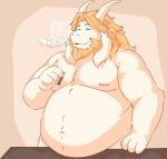 2023 anthro asgore_dreemurr beard belly big_belly boss_monster bovid caprine drugs eyebrows eyes_closed facial_hair furniture goat hair holding_object horn long_hair male mammal marijuana moobs navel nipples nude overweight overweight_anthro overweight_male simple_background smile smoke smoking solo standing table timewornraccoon undertale undertale_(series)