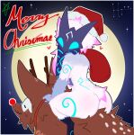 &lt;3 2023 anthro antlers arm_markings big_butt biped blue_eyes blue_markings border bovid breasts brown_body brown_fur butt canid canine canis caprine christmas christmas_clothing christmas_headwear clothing cosplay duo ear_markings english_text female feral flat_colors fur gloves_(marking) hat hat_only headgear headgear_only headwear headwear_only hi_res holding_bag holidays horn kindred_(lol) kinto lamb_(lol) league_of_legends leg_markings looking_at_viewer looking_back looking_back_at_viewer male mammal markings mask medium_breasts moon mostly_nude night outside riding riot_games rudolph_the_red-nosed_reindeer santa_claus santa_hat sheep short_tail sitting_on_another spots spotted_body spotted_fur star tail text thigh_markings three-quarter_view wavy_mouth white_body white_border white_fur white_spots wolf wolf_(lol)
