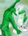 absurd_res alligator alligatorid anthro bathroom butt checkhoff cregon crocodile crocodilian crocodylid dirty green_body hi_res male mirror mirror_reflection multicolored_body nude raised_hand rear_view reflection reptile scalie sink solo stain two_tone_body white_body yellow_eyes