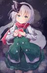  absurdres aqua_eyes box hair_ribbon heart-shaped_box highres hitodama konpaku_youmu konpaku_youmu_(ghost) raira ribbon scarf short_hair silver_hair solo touhou valentine 