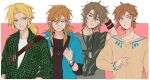  4boys bandaid bandaid_on_face blonde_hair blue_eyes brown_hair casual collared_shirt contemporary dog_tags earrings fang hanaberin in-franchise_crossover jacket jewelry link multiple_boys multiple_persona open_clothes open_shirt pointy_ears shirt smile the_legend_of_zelda the_legend_of_zelda:_breath_of_the_wild the_legend_of_zelda:_ocarina_of_time the_legend_of_zelda:_skyward_sword the_legend_of_zelda:_twilight_princess upper_body watch wristwatch 