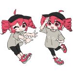  +_+ 1girl ahoge arm_behind_back baseball_cap black_shorts blush_stickers chibi drill_hair grey_headwear grey_shirt hat kasane_teto long_shirt looking_at_viewer official_art one_eye_closed open_mouth outstretched_hand override_(synthesizer_v) red_eyes red_footwear red_hair shirt shishia shorts simple_background smile solo synthesizer_v twin_drills variations white_background 