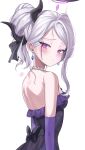  1girl 2k_(tldntkfkdro) absurdres blue_archive blush closed_mouth dangle_earrings earrings grey_hair highres hina_(blue_archive) hina_(dress)_(blue_archive) jewelry long_hair purple_eyes simple_background solo white_background 