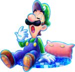  1boy artist_request big_nose blue_outline blue_overalls brown_footwear brown_hair buttons cabbie_hat closed_eyes facial_hair full_body gloves green_headwear green_sleeves hand_on_ground hand_up hat highres long_sleeves luigi male_focus mario_&amp;_luigi:_dream_team mario_&amp;_luigi_rpg mario_(series) mustache official_art open_mouth outline overalls pillow shoes short_hair sitting solo tearing_up thick_eyebrows transparent_background very_short_hair white_gloves yawning 