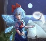  1girl ascot bangs blue_dress blue_eyes blue_hair bow breasts child_drawing cirno commentary_request daiyousei dress eyebrows_visible_through_hair full_moon grass hair_between_eyes hair_bow highres hitodama holding holding_pencil ice ice_wings leash light_particles looking_to_the_side minuo moon night night_sky outdoors paper parted_lips pencil pinafore_dress puffy_short_sleeves puffy_sleeves red_bow red_neckwear rock shirt short_hair short_sleeves sitting sky small_breasts solo star_(sky) starry_sky touhou tree water white_shirt wing_collar wings 