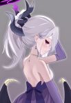  1girl black_horns black_wings blue_archive blush closed_mouth demon_horns dress elbow_gloves gloves grey_background grey_hair highres hina_(blue_archive) hina_(dress)_(blue_archive) horns jewelry long_hair multiple_horns necklace official_alternate_costume official_alternate_hairstyle profile purple_dress purple_eyes purple_gloves raimu_(clanberry000) simple_background smile solo strapless strapless_dress wings 