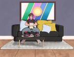 blue_eyes brown_hair cake card dessert food furniture hair human human_only letter male mammal not_furry painting_(object) pickit pillow reading sofa solo vaalkizuk