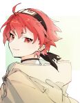  1girl ahoge amagai_hosina cloak closed_mouth eris_greyrat flat_chest from_side hair_between_eyes hairband jacket lips looking_back mushoku_tensei red_eyes red_hair short_hair simple_background smile solo upper_body white_cloak white_jacket 