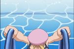  1girl animated animated_gif blonde_hair breasts cleavage furinji_miu large_breasts mole mole_under_eye one-piece_swimsuit open_mouth pool pov shijou_saikyou_no_deshi_ken&#039;ichi shijou_saikyou_no_deshi_ken'ichi smile swim_cap swimsuit wet 