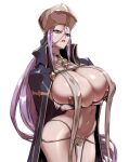  1girl breasts cape covered_nipples green_eyes habit hair_between_eyes hat large_breasts long_hair nipples_curtains no_panties pelvic_curtain priestess purple_hair solo zayd zunta 