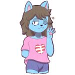 &lt;3 1:1 ambiguous_gender anthro arm_tuft bedroom_eyes black_nose blue_body blue_fur bone_print_clothing bottomwear brown_hair cat_smile clothing domestic_cat ear_tuft emanata eyelashes felid feline felis fur hair hi_res long_hair looking_at_viewer lucky_(bluearts02) male_(lore) mammal narrowed_eyes no_irises one_eye_closed pawpads pink_inner_ear pink_pawpads rib_cage ririzael russian_blue seductive shirt shorts simple_background solo t-shirt topwear tuft white_background wink winking_at_viewer