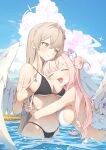  2girls absurdres bikini black_bikini blue_archive blush breasts closed_eyes hair_bun hair_ornament halo highres hug jhigf large_breasts light_brown_hair long_hair mika_(blue_archive) multiple_girls nagisa_(blue_archive) open_mouth outdoors partially_submerged pink_hair smile swimsuit v white_bikini wing_ornament wings yellow_eyes 