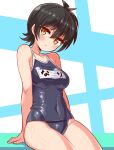  1girl black_hair blue_one-piece_swimsuit breasts character_name closed_mouth commentary cougar_(cougar1404) covered_navel head_tilt light_frown looking_at_viewer medium_breasts name_tag nari_(cougar1404) old_school_swimsuit one-piece_swimsuit original school_swimsuit short_hair sitting solo swimsuit translated yellow_eyes 