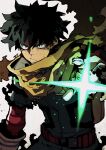  1boy :/ absurdres angry bandaged_arm bandages belt bodysuit boku_no_hero_academia cape closed_mouth cowboy_shot energy film_grain floating_clothes freckles gloves green_bodysuit green_eyes green_hair hand_up highres isaacchief300 jpeg_artifacts leaning_forward looking_at_viewer male_focus midoriya_izuku open_hand overexposure paint_splatter red_bandage red_belt short_hair simple_background snap-fit_buckle solo sparkle spiked_hair standing torn_clothes utility_belt v-shaped_eyebrows white_background white_gloves yellow_cape 