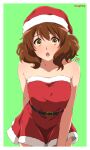  1girl arm_behind_back artist_name bare_shoulders belt blush brown_eyes brown_hair collarbone commentary_request cowboy_shot dress fur-trimmed_dress fur_trim green_background hat hibike!_euphonium highres leaning_forward looking_at_viewer open_mouth oumae_kumiko red_dress red_headwear santa_dress santa_hat short_dress short_hair simple_background solo standing strapless strapless_dress usagihop wavy_hair 