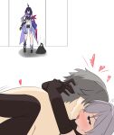  1boy 2girls black_gloves bronya_rand caelus_(honkai:_star_rail) gloves grey_eyes grey_hair heart highres honkai:_star_rail honkai_(series) indoors kulo_jawa multiple_girls purple_hair seele_(honkai:_star_rail) sex tagme trailblazer_(honkai:_star_rail) 