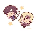  2boys :3 ^_^ armor belt blonde_hair blue_eyes brown_hair cape castlevania:_rondo_of_blood castlevania_(series) chibi chibi_only closed_eyes commentary_request full_body gloves headband kotorai long_hair male_focus multiple_boys open_mouth outstretched_arms richter_belmont short_hair simon_belmont simple_background smile spread_arms star_(symbol) super_smash_bros. 