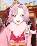  1girl 2023 alternate_costume black_gloves blurry blurry_background commentary_request day drill_hair floral_print fur-trimmed_gloves fur_trim gloves hand_up happy_new_year holding holding_paper hyakumantenbara_salome japanese_clothes kimono long_hair looking_at_viewer new_year nijisanji omikuji open_mouth outdoors paper print_kimono purple_eyes purple_hair red_kimono scarf shrine smile solo straight-on taka0028 translation_request twitter_username virtual_youtuber watermark white_scarf 