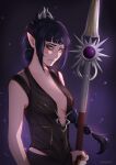  1girl artist_name baldur&#039;s_gate baldur&#039;s_gate_3 bare_arms black_hair braid braided_ponytail breasts brown_eyes dungeons_and_dragons gem hair_ornament highres holding holding_polearm holding_weapon itsmumei long_hair looking_at_viewer medium_breasts o-ring pointy_ears polearm ponytail purple_background shadowheart_(baldur&#039;s_gate) solo upper_body weapon 