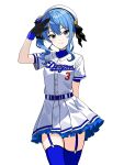  1girl arm_behind_back arm_up baseball_uniform belt beret black_gloves blue_eyes blue_hair blue_thighhighs chunichi_dragons closed_mouth cowboy_shot frills garter_straps gloves hat high_side_ponytail highres hololive hoshimachi_suisei jersey kin29bo-ya looking_at_viewer miniskirt nippon_professional_baseball salute short_sleeves simple_background skirt smile solo sportswear star_(symbol) star_in_eye symbol_in_eye thighhighs thighs virtual_youtuber white_background white_headwear white_skirt zettai_ryouiki 