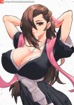  1girl arms_up bangs bleach breasts brown_eyes brown_hair cleavage cosplay fire_emblem fire_emblem_fates highres japanese_clothes jewelry kagero_(fire_emblem) large_breasts matsumoto_rangiku necklace one_eye_covered patreon_username white_background xhaart 