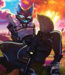 anthro black_body black_clothing black_fur canid canine canis clothing epic_games female fortnite fur gun mammal pack_leader_highwire purrynx ranged_weapon seductive sitting solo spread_legs spreading tight_clothing weapon wolf