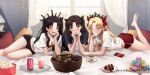  3girls alternate_costume bed bedroom black_bow black_hair black_hairband black_ribbon blonde_hair blue_eyes blush bow bowtie breasts brown_hair buster_shirt cake cake_slice cellphone closed_eyes cookie crown cup curtains earrings embarrassed energy_drink ereshkigal_(fate) eyelashes fate/grand_order fate/stay_night fate_(series) food food_focus gold gold_earrings gym_shorts hair_intakes hair_ornament hair_ribbon hairband highres hoop_earrings hot_chocolate indoors ishtar_(fate) jewelry light_rays long_hair looking_at_another lying macaron monster_energy multiple_girls on_bed one_eye_closed open_mouth pajamas parted_bangs party phone pillow plant popcorn potted_plant red_bow red_bowtie red_eyes red_hairband red_ribbon ribbon shirt shorts siblings sisters sleepover sleepwear small_breasts smartphone smile sparkle star_(symbol) straight_hair sunbeam sunlight sweets t-shirt teacup tohsaka_rin twintails twitter_username two_side_up white_shirt window xkzan 
