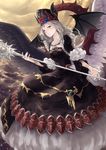  asymmetrical_wings bat_wings black_dress bracer chaos_goddess crown dress drill_hair duel_monster highres long_hair red_eyes rr_(rr2) silver_hair sitting skull skull_necklace solo staff twin_drills wings yuu-gi-ou 