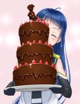  ^_^ bangs blue_hair cake chocolate_cake closed_eyes elbow_gloves food fruit gloves gradient_hair highres kantai_collection long_hair multicolored_hair sailor_collar samidare_(kantai_collection) shirt simple_background sleeveless sleeveless_shirt smile solo strawberry swept_bangs valentine very_long_hair watage_(wata) 