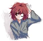  1other androgynous atoymk closed_mouth frown grey_kimono hand_on_own_head japanese_clothes katano_sukune kimono len&#039;en long_sleeves one_eye_closed other_focus pale_skin red_eyes red_hair short_hair simple_background sketch solo upper_body white_background 
