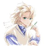  1boy albedo_(genshin_impact) aqua_eyes blonde_hair blue_shirt collared_shirt contemporary curtained_hair genshin_impact hair_between_eyes hajime_(sakuraofsunset) highres holding holding_pencil long_sleeves male_focus medium_hair parted_lips pencil shirt simple_background smile solo sunlight sweater_vest upper_body watch white_background wristwatch yellow_sweater_vest 