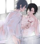  2boys akira_(togainu_no_chi) arm_support bathing bathtub black_hair commentary_request grey_eyes grey_hair looking_at_another male_focus multiple_boys multiple_scars myosotis130 nude open_mouth profile red_eyes scar see-through see-through_shirt shared_bathing shiki_(togainu_no_chi) shirt short_hair sketch smile steam togainu_no_chi upper_body wet wet_clothes wet_hair white_shirt yaoi 