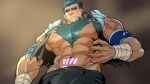  1boy abs bara blue_hair blush bucchigiri bulge cheekbones covered_penis cowboy_shot cropped_jacket facial_hair forearms forked_eyebrows fundoshi glowing_markings goatee huge_pectorals japanese_clothes kenchiro_(bucchigiri) large_areolae male_focus male_underwear male_underwear_peek mature_male muscular muscular_male navel nipples o2h_(oblivionh) shaded_face short_hair short_ponytail solo spiked_hair stomach sweatdrop thick_arms thick_chest_hair thick_eyebrows underwear white_male_underwear 