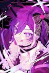  +_+ 1boy androgynous banzoin_hakka black_background black_skin cheese_oho colored_skin frilled_shirt frills hair_between_eyes hair_ribbon high_ponytail highres holostars holostars_english jewelry lace_ribbon long_hair looking_at_viewer male_focus multicolored_hair oshi_no_ko portrait purple_eyes purple_hair ribbon ring shirt smile solo tongue tongue_out two-tone_hair v virtual_youtuber white_hair 