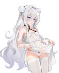  1girl absurdres artist_name azur_lane bags_under_eyes bare_shoulders blush bow bow_panties breasts cameltoe chinese_commentary choker cleavage clothes_lift collarbone commentary_request criss-cross_halter cross-shaped_pupils crossed_bangs double_bun dress dress_lift grey_hair hair_between_eyes hair_bun halterneck highres le_malin_(azur_lane) le_malin_(sleepy_sunday)_(azur_lane) lifted_by_self looking_at_viewer official_alternate_costume panties parted_lips red_bow ribbon signature simple_background skindentation small_breasts solo symbol-shaped_pupils syngeloussier thighhighs thighs underwear white_background white_dress white_panties white_ribbon white_thighhighs wrist_ribbon 