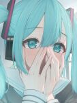 1girl absurdres bananafish1111 blue_eyes blue_hair blue_neckerchief blush commentary_request covering_face embarrassed hair_between_eyes hands_up hatsune_miku highres long_hair long_sleeves looking_at_viewer neckerchief sailor_collar solo surprised tears twintails upper_body vocaloid 