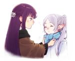  2girls adjusting_another&#039;s_clothes blue_scarf blush brown_coat butterfly_hair_ornament closed_eyes closed_mouth coat commentary_request cropped_torso earrings elf expressions fern_(sousou_no_frieren) frieren hair_ornament jewelry long_hair long_sleeves multiple_girls nose_blush parted_bangs pointy_ears purple_eyes purple_hair scarf sidelocks simple_background sleepy sousou_no_frieren straight_hair taka0028 twintails twitter_username upper_body watermark white_background white_hair winter_clothes 