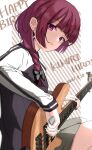  absurdres bass_guitar blush bocchi_the_rock! bow braid dress earrings green_dress hair_bow happy_birthday highres hiroi_kikuri instant_(ioarthus) instrument jacket jewelry nail_polish plectrum purple_eyes purple_hair simple_background single_braid sitting 