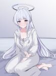  1girl 4jiri absurdres barefoot blue_archive blunt_bangs halo hand_on_own_thigh highres lap_pillow_invitation long_hair looking_at_viewer loungewear mechanical_halo noa_(blue_archive) official_alternate_costume pajamas purple_eyes seiza sitting smile white_hair white_halo 