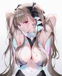  1girl absurdres alternate_costume armpits arms_up azur_lane bare_arms bare_shoulders blush breasts brown_hair cleavage cross cross_earrings earrings formidable_(azur_lane) grey_background hair_ornament hands_in_hair highres jewelry large_breasts long_hair looking_at_viewer paid_reward_available parted_lips qiandaiyiyu red_eyes sideboob simple_background solo sweat twintails upper_body 